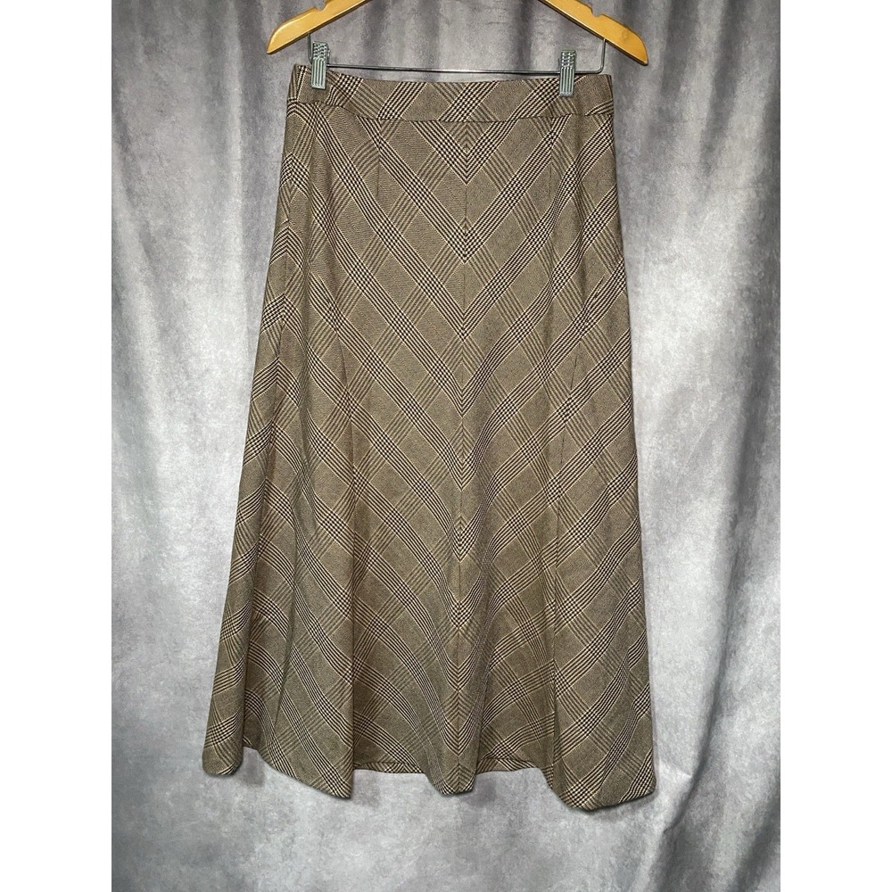 Chocolate Brown Tan Wool Houndstooth Plaid Midi Skirt Sz 8